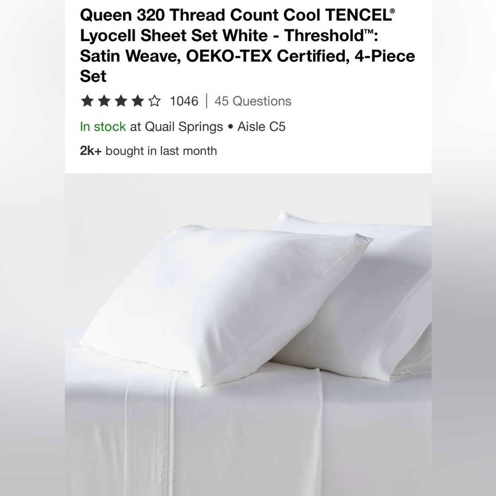 Target Threshold Queen White 320 Thread Count Tencel Lycocell 4-piece Sheet Set